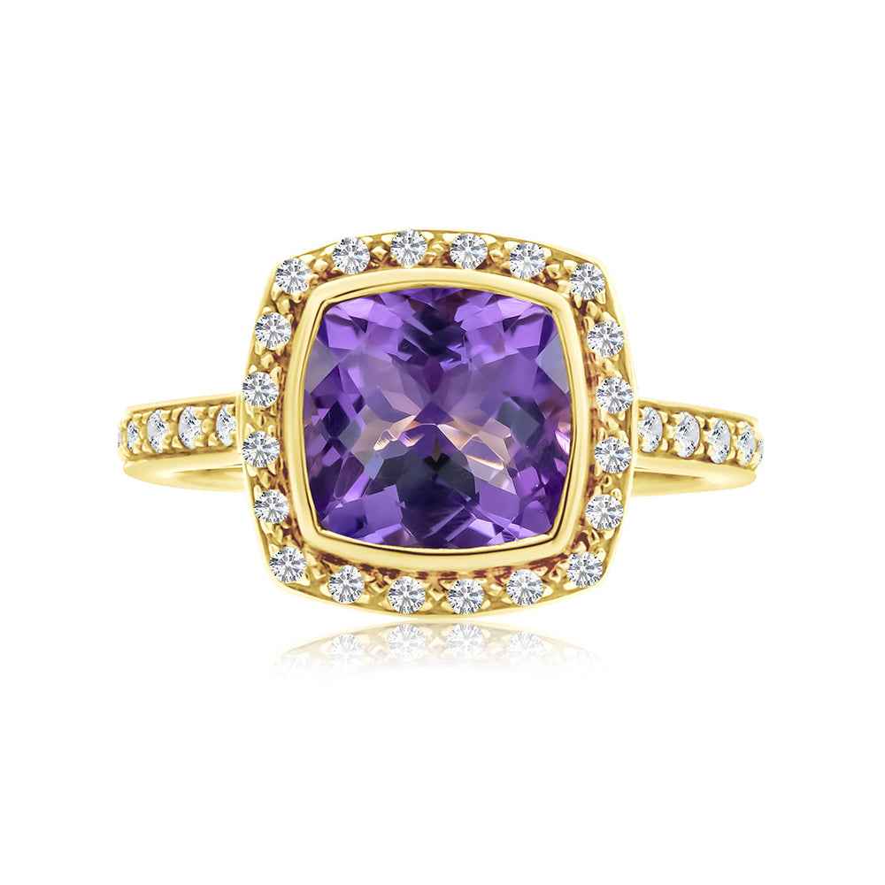 Checkerboard Cushion Cut Amethyst & Diamond Ring
