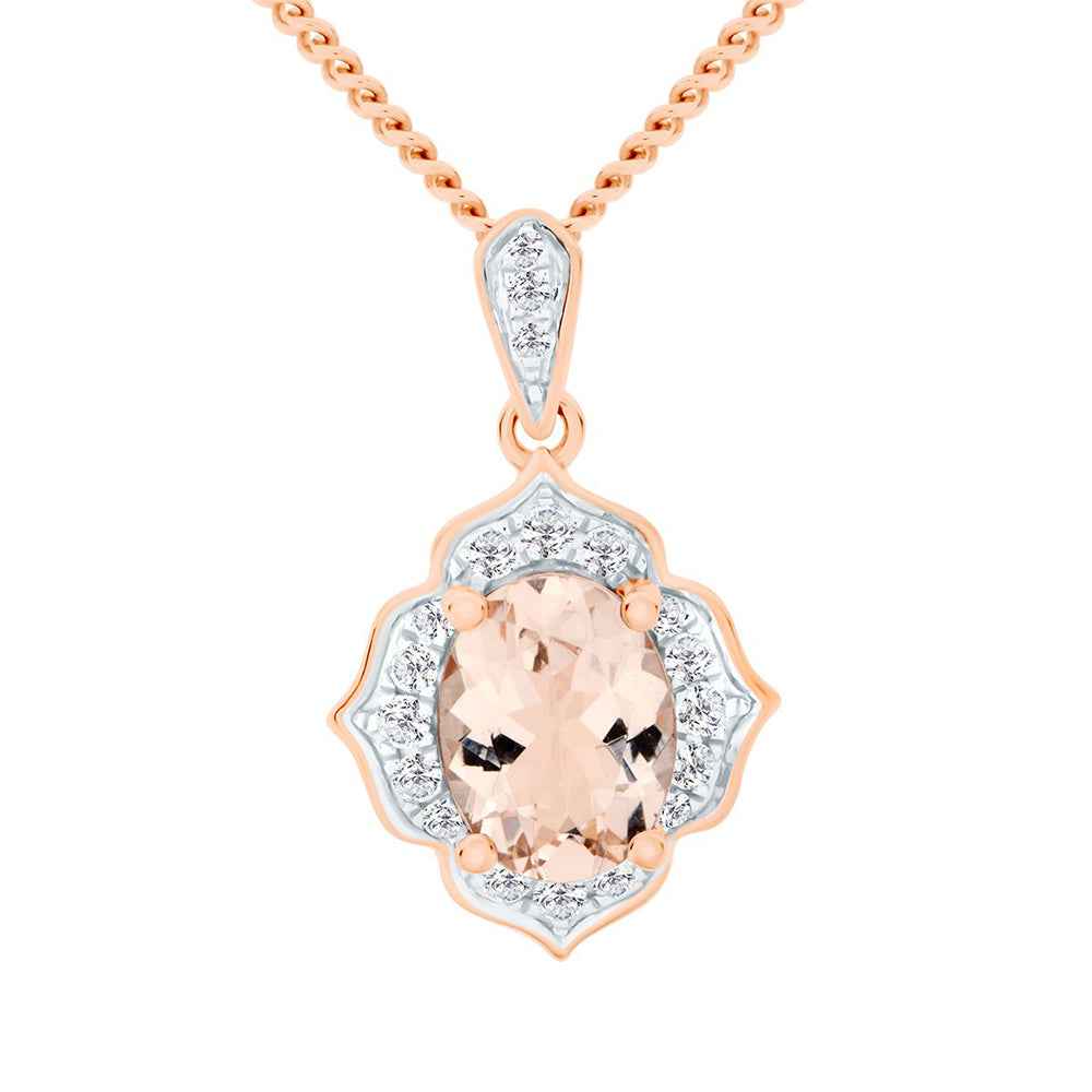 Oval Cut Morganite & Diamond Art Deco Pendant 9ct Rose Gold