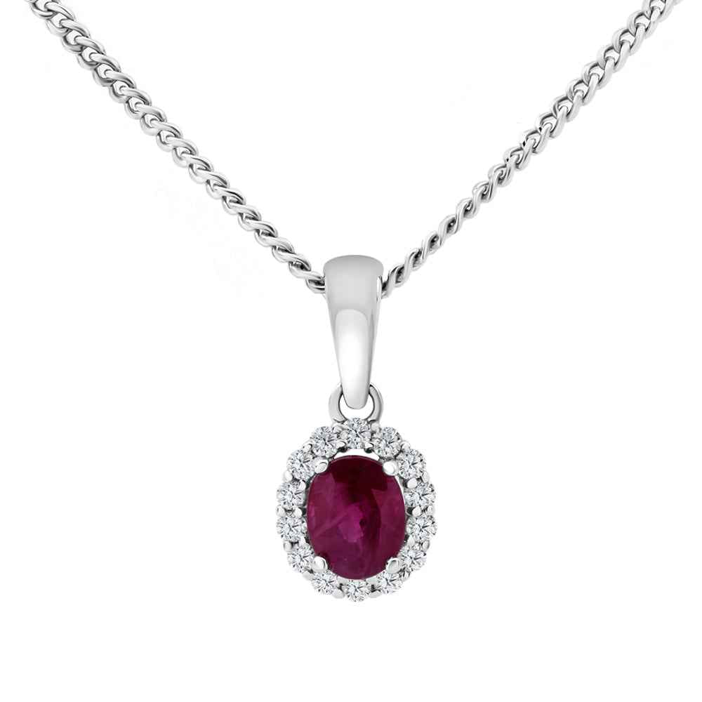 Ruby & Diamond 9ct White Gold Oval 5x4mm Pendant Necklace