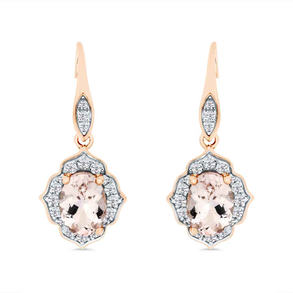 Oval Cut Morganite & Diamond Art Deco Earrings in 9ct Rose Gold