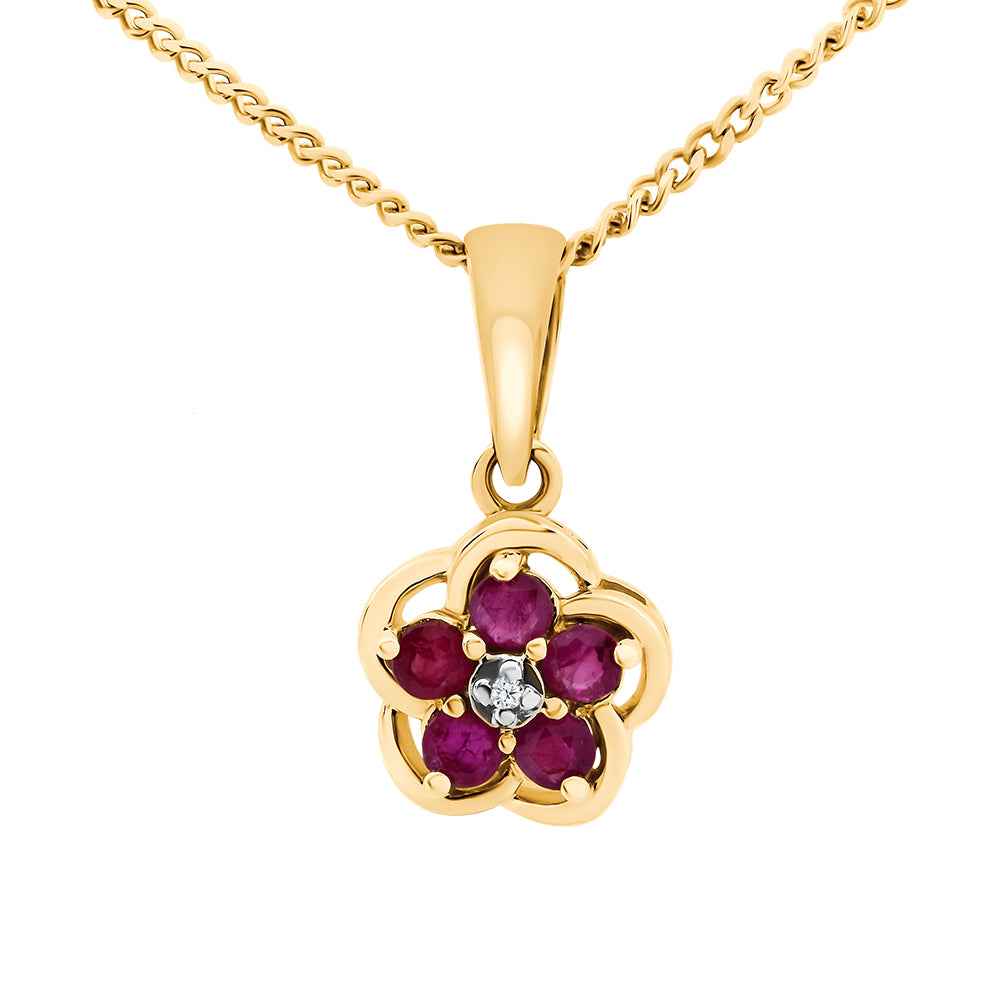 Ruby & Diamond 9ct Yellow Gold Round Brilliant Cut Pendant Necklace