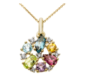 Yellow Gold Multi-Stone Pendant Necklace Amethyst, BLue Topaz, Citrine, Peridot, Garnet & Diamonds