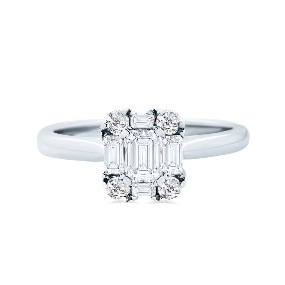 0.63ct Emerald Baguette & Brilliant Cut Diamond Halo Ring 18ct White Gold - Watsons Jewellers