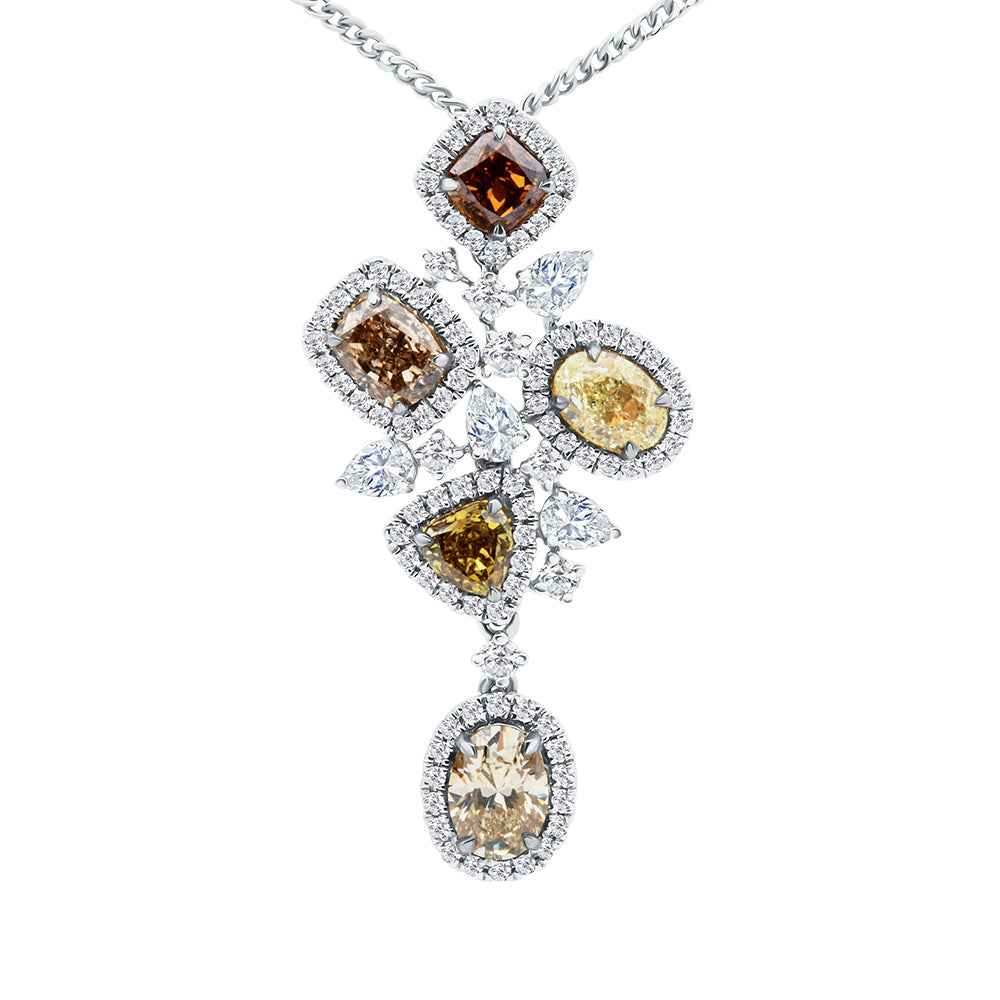Multi Coloured Champage Yellow & White Diamond Claw Set Pendant Necklace 18CT White Gold