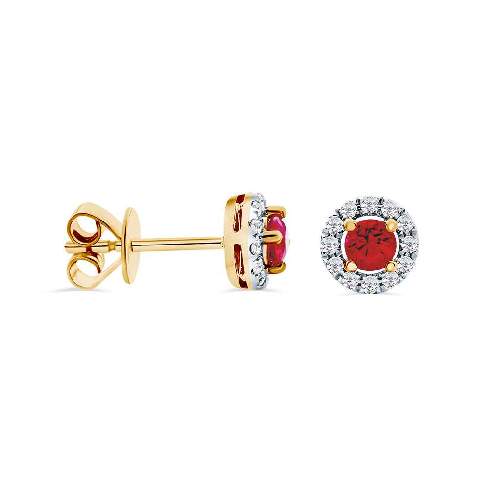 Ruby & Diamond Claw Set Halo Stud Earrings in 18ct Yellow Gold