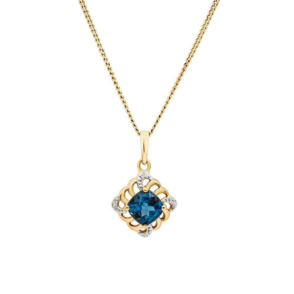 9CT YG LONDON BLUE TOPAZ & DIAMOND PENDANT