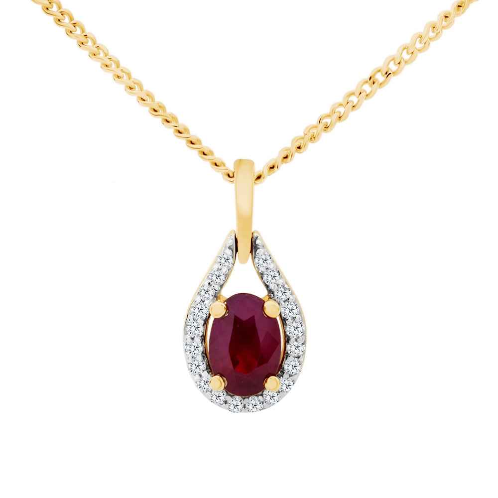 Ruby & Diamond 9ct Yellow Gold 6x4mm Oval Cut Pendant Necklace