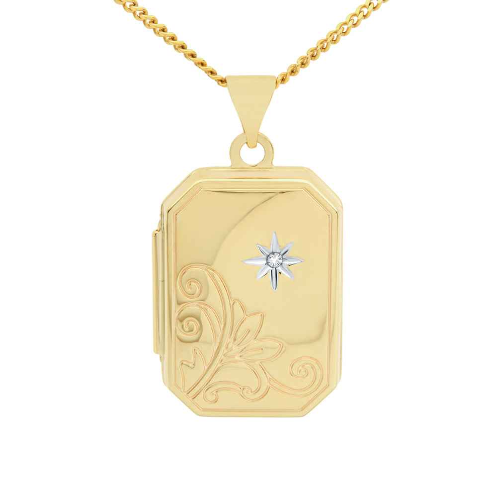 Star Set Diamond Oblong Locket 20x14mm - Yellow Gold