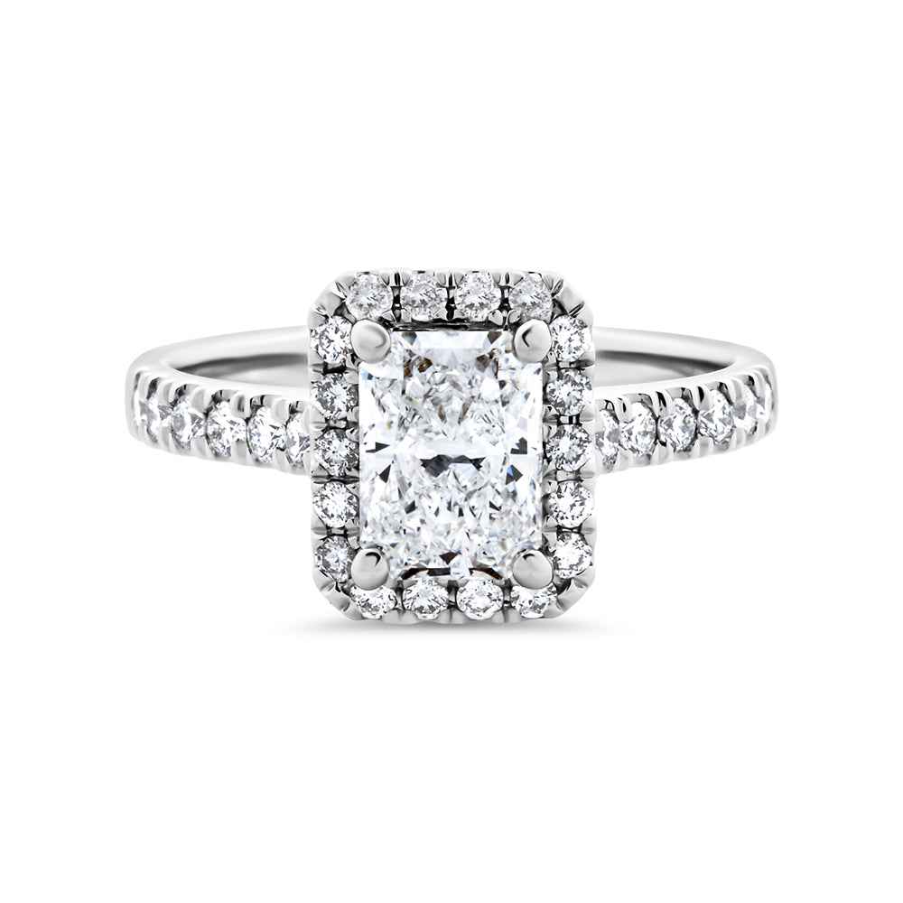 Radiant Cut Halo Lab Grown Diamond Ring with Shoulder Diamonds - Watsons Jewellers