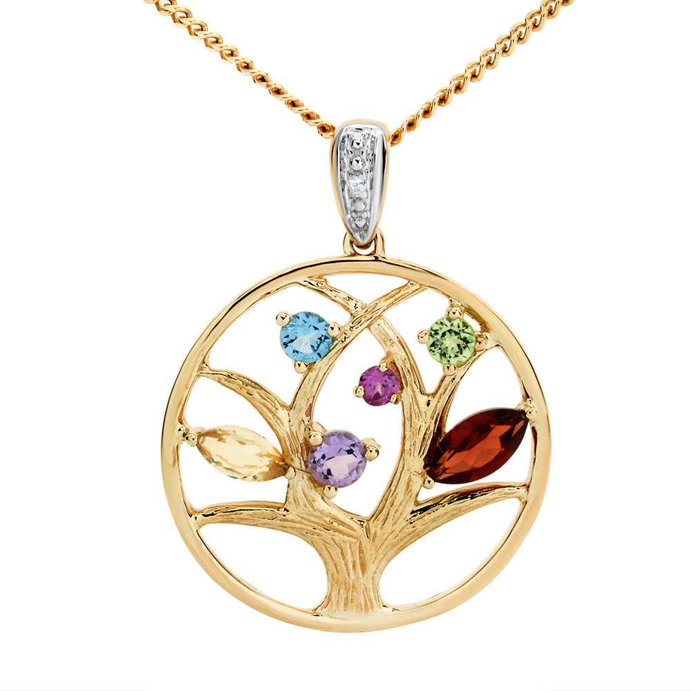 Amethyst, Blue Topaz, Citrine, Garnet, Peridot & Diamond Tree of Life Pendant Necklace