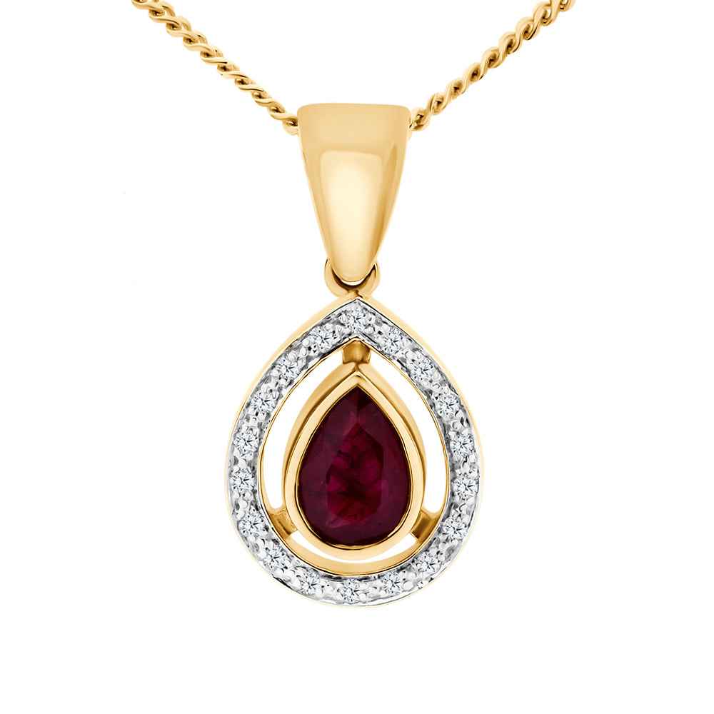 Ruby & Diamond 9ct Yellow Gold Pear Cut Pendant Necklace