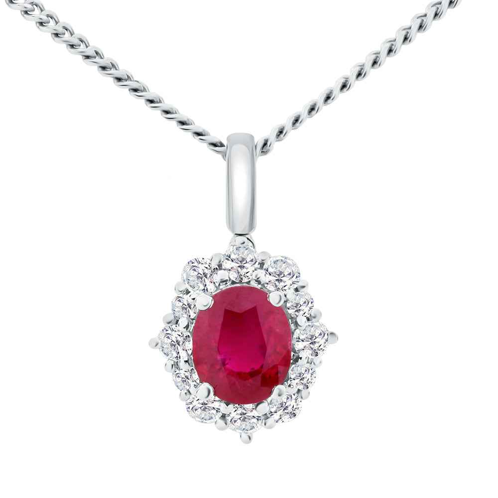 Ruby & Diamond 9ct White Gold 0.81ct Oval Cut Pendant Necklace