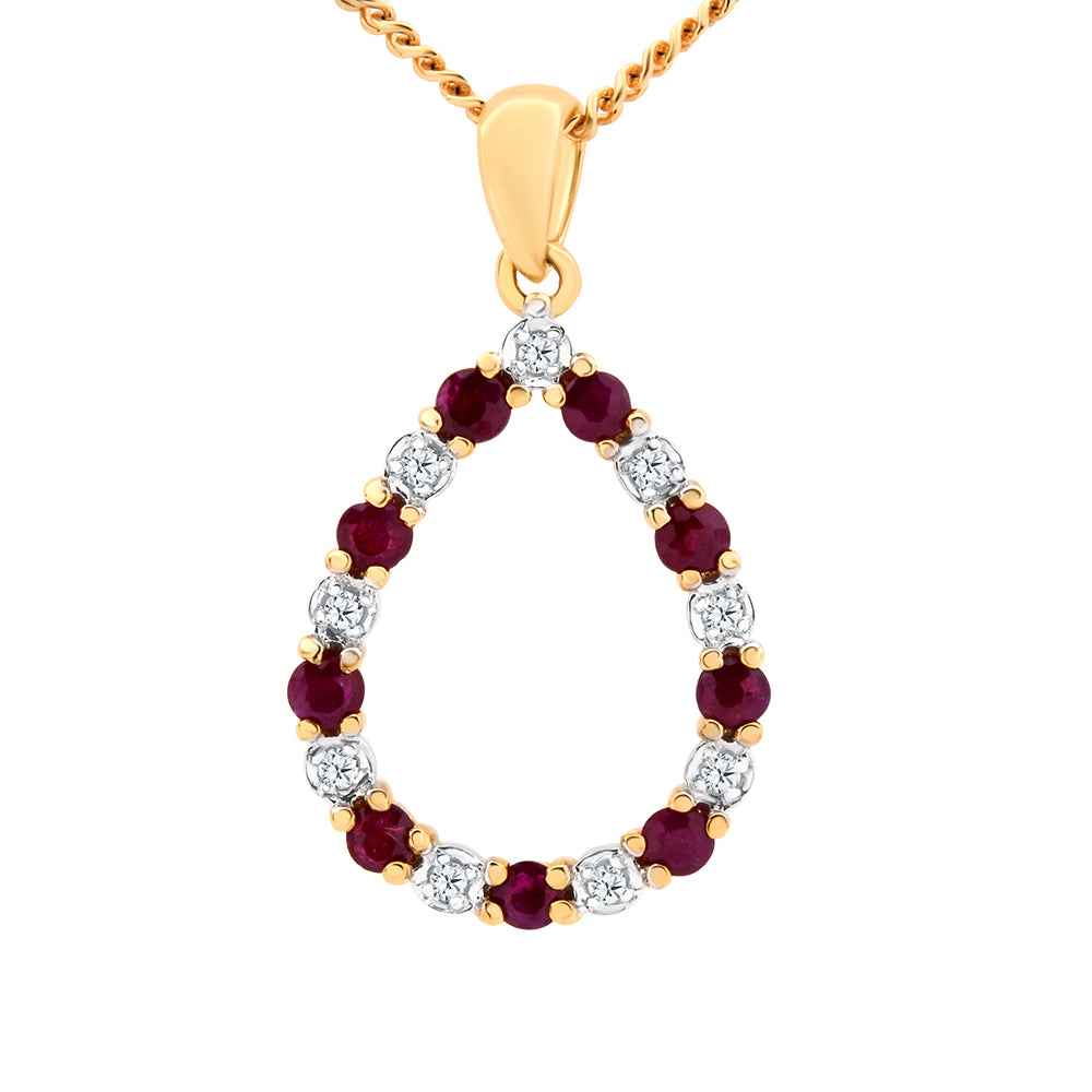 Ruby & Diamond 9ct Yellow Gold Pear Shaped Pendant Necklace