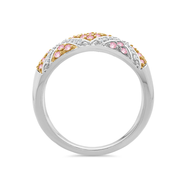 Pave Set Natural Pink & White Diamond Criss-Cross Ring