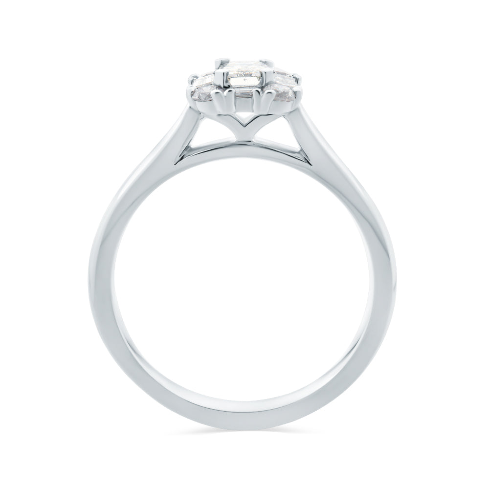 0.63ct Emerald Baguette & Brilliant Cut Diamond Halo Ring 18ct White Gold