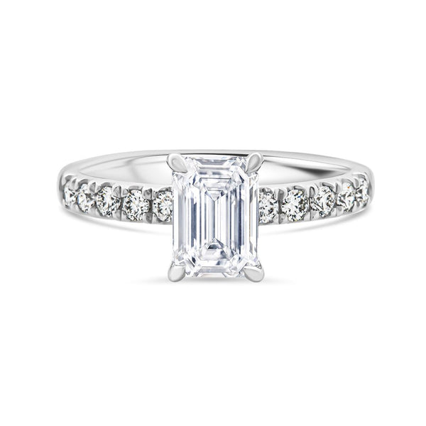 18ct White Gold Emeral Cut Lab Grown Diamond Ring With Shoulder Diamonds - Watsons Jewellers