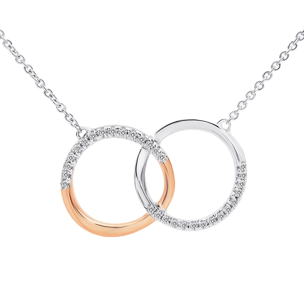Interlocking Circles Pendant Necklace With Claw Set Diamonds On Chain 9CT White & Rose Gold