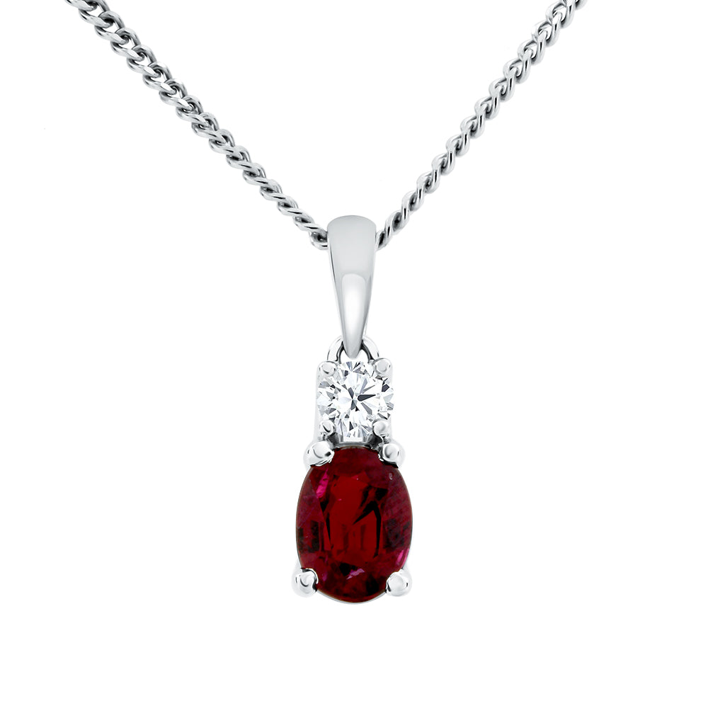 Ruby & Diamond 9ct White Gold Oval Cut Pendant Necklace