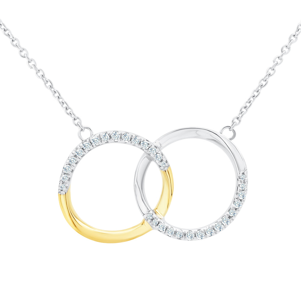 Interlocking Circles Pendant Necklace With Claw Set Diamonds On Chain 9CT White & Yellow Gold