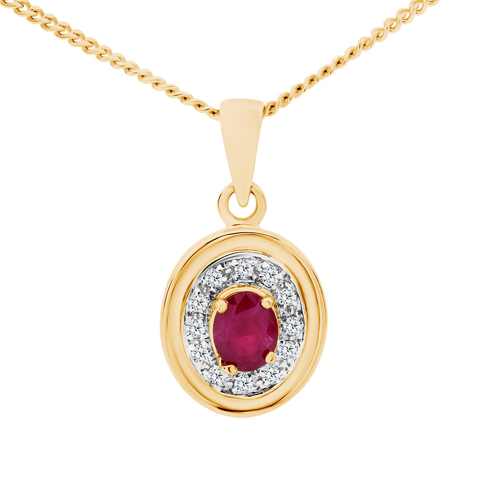 Ruby & Diamond 9ct Yellow Gold Oval Cut Pendant Necklace