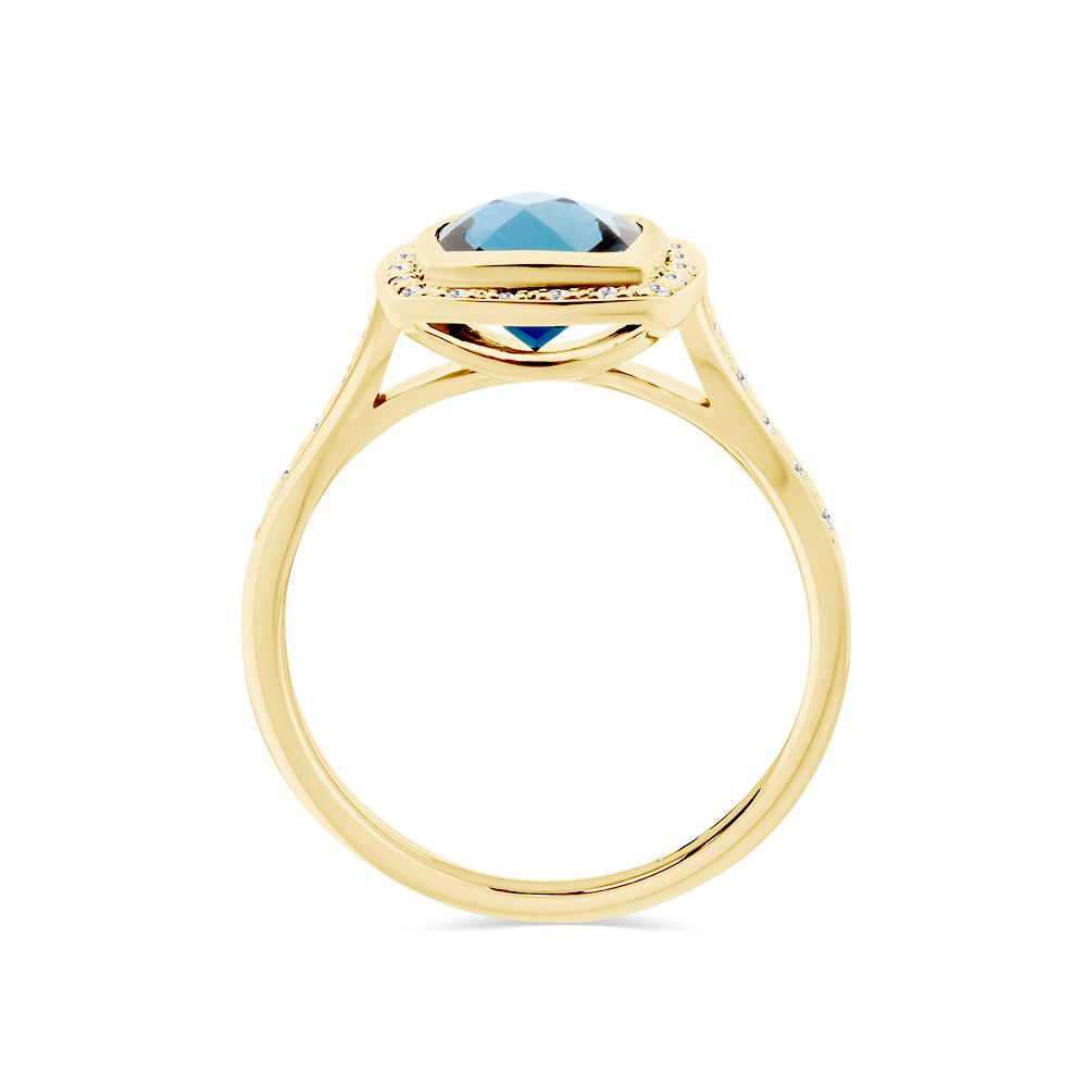 Cushion Cut London Blue Topaz & Bead Set Diamond Ring in 9ct Yellow Gold