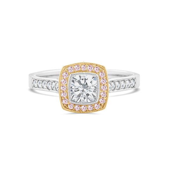 Bezel Set Cushion Cut Natural Pink & White Diamond Ring