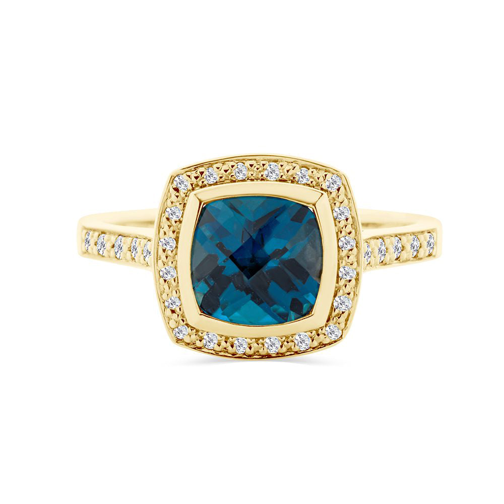 Cushion Cut London Blue Topaz & Bead Set Diamond Ring in 9ct Yellow Gold