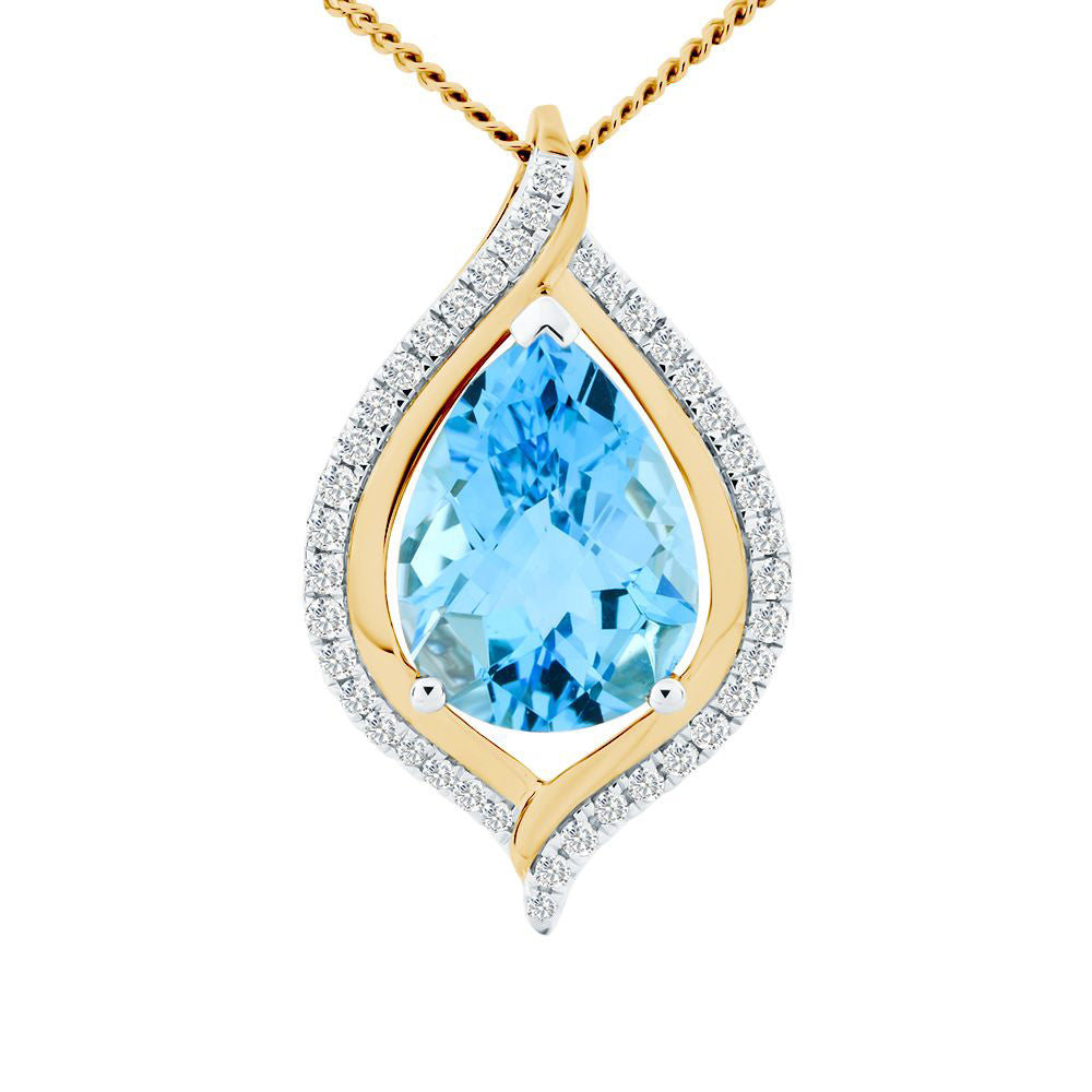 Pear Cut Swiss Blue Topaz & Round Brilliant Cut Dimond Pendant Necklace in 9ct Yellow Gold