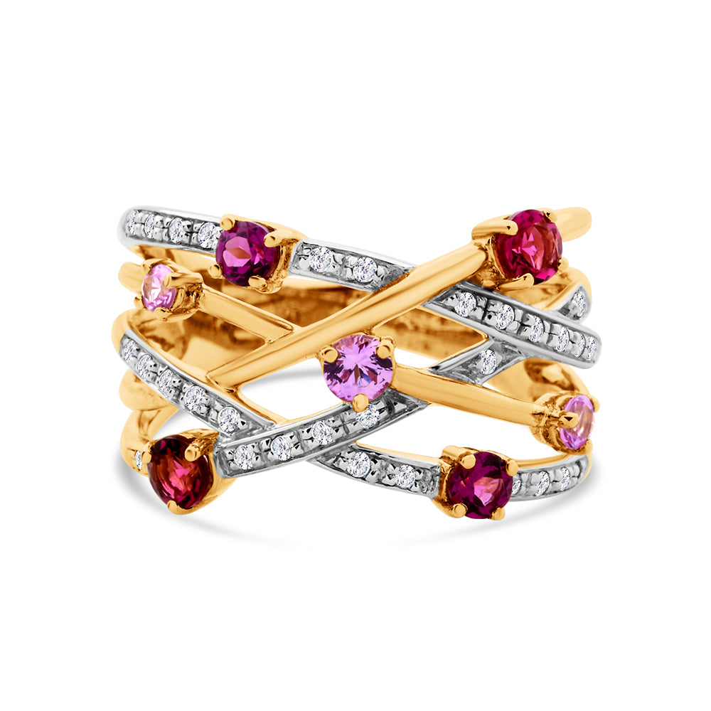 Tourmaline, Rhodolite Garnet, Pink Sapphire & Diamond Ring