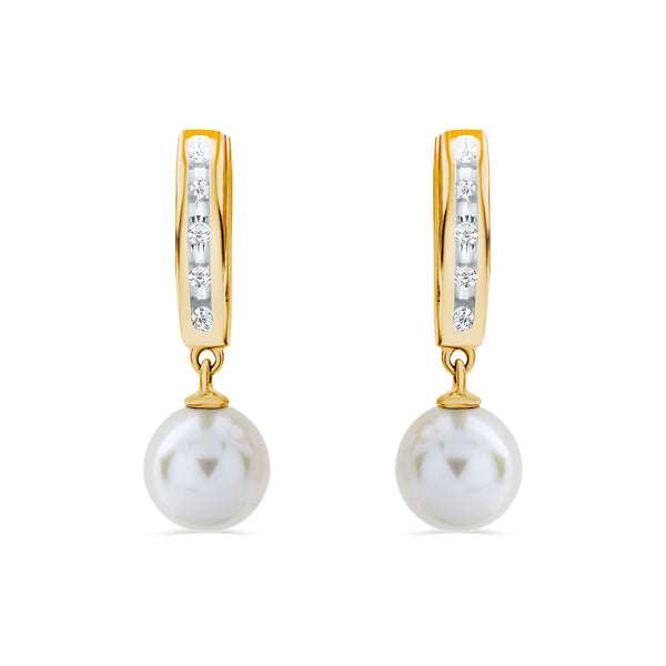 Fresh-water Pearl & Diamond Huggie Drop Earrings in 9ct Yellow Gold