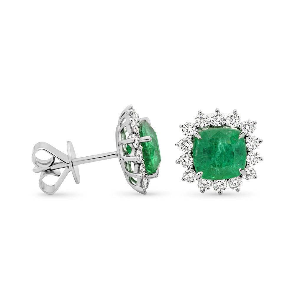 18CT White Gold Natural Zambian Emerald And Diamond Earrings