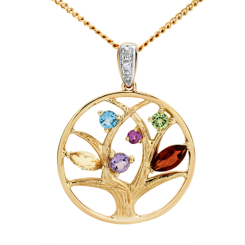Amethyst, Blue Topaz, Citrine, Garnet, Peridot Diamond Tree of