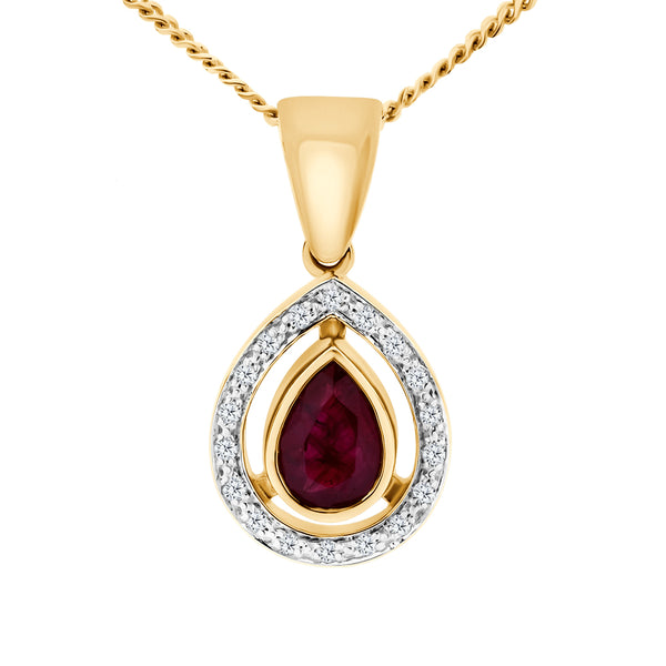 Ruby & Diamond 9ct Yellow Gold Pear Cut Pendant Necklace