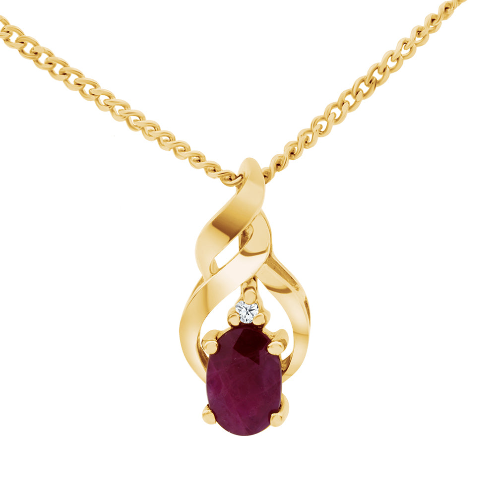 Ruby & Diamond 9ct Yellow Gold Oval 6X4mm Pendant Necklace