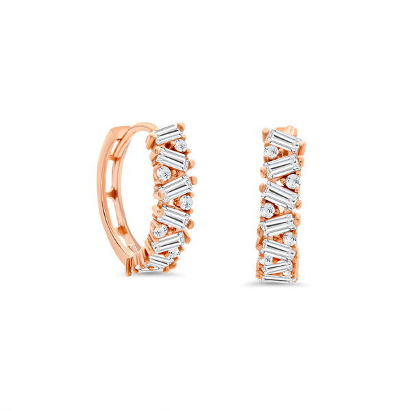 Fancy Style Baguette and Brilliant Cut Cubic Zirconia Huggie Earrings